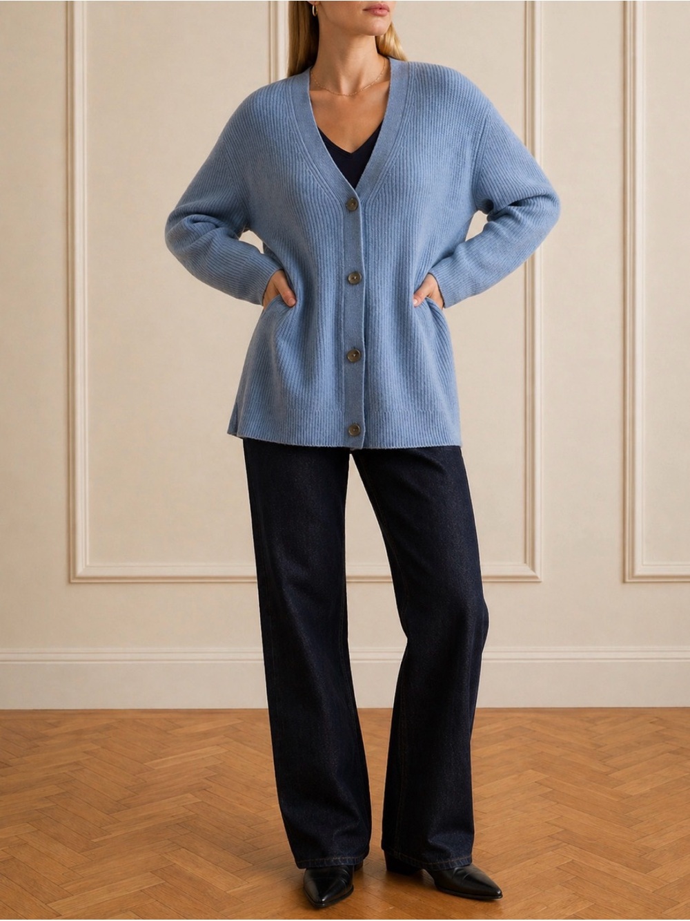 Quince | Mongolian Cashmere Oversized Boyfriend Cardigan Sweater | Blue | S